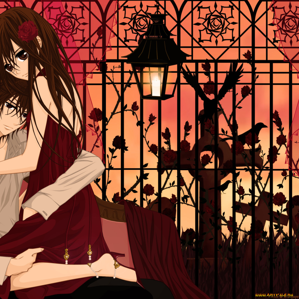 Обои Аниме Vampire Knight, обои для рабочего стола, фотографии аниме,  vampire knight, cilou, yuuki, cross, kuran, kaname, девушка, мужчина,  кресло, фонарь, решетка, розы, крест, ворон, птицы, надгробие, занавески  Обои для рабочего стола,